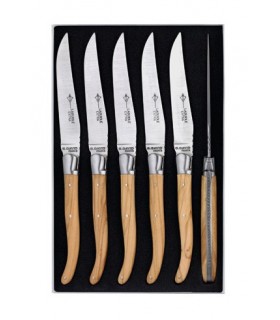G.David 6885 Coffret 6 couteaux table Laguiole G. DAVID, 23 cm, inox, manche olivier, mitre inox mat