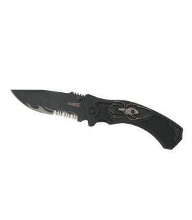 Crossnar 10870 Couteau, lame noire semi-dentée acier 440, manche 12 cm aluminium grillagé, décor araignée