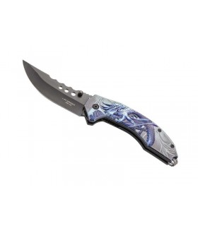Herbertz 590511 Couteau, lame noire acier 420 à cran intérieur et à bouton double, manch 11,5 cm  aluminium  décor dragon