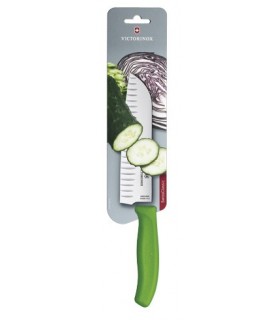 Victorinox 6.8526.17l4b Couteau Santoku, lame alvéolée 17 cm inox, manche polypropylène vert, sur carte.