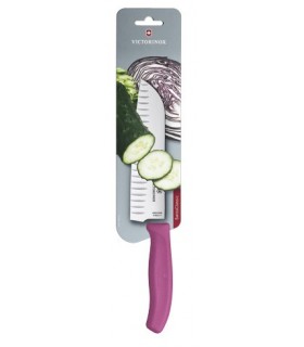 Victorinox 6.8526.17l5b Couteau Santoku, lame alvéolée 17 cm inox, manche polypropylène rose, sur carte.